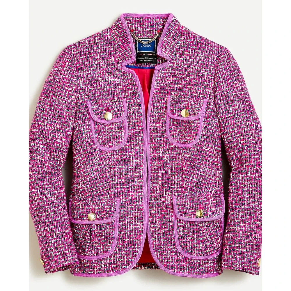 J.Crew Womens Blazer Fitted Jacket Pink Purple‎ Gold Pockets Size 2 Autumn Tweed